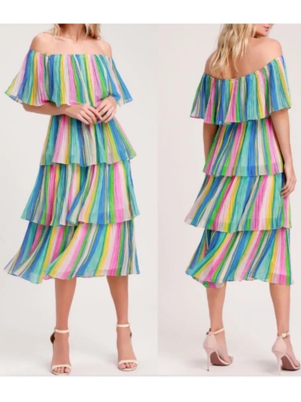 Lulus Gala Ready Multi Stripe Print Off-the-Shoulder Ruffle Midi Dress - Picture 2 of 12